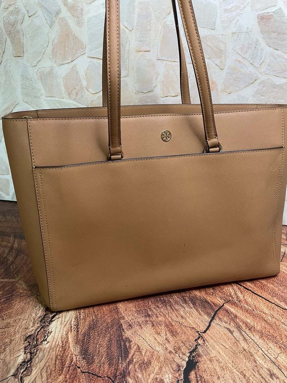 Tory Burch Tan Saffiano Leather Zip Top Tote Bag